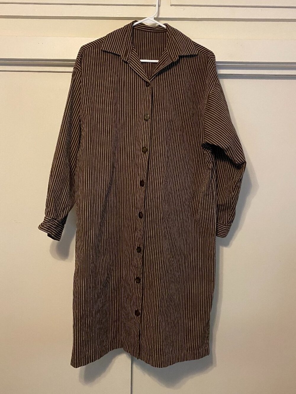 Brown & white, pin stripe, button down dress, size XL/1X